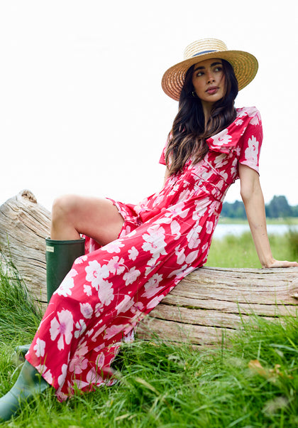 Red Floral Print Midi Dress with Short sleeves and gathered waist flute sleeve detail