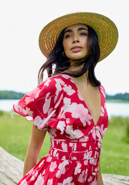 Red Floral Print Midi Dress with Short sleeves and gathered waist flute sleeve detail