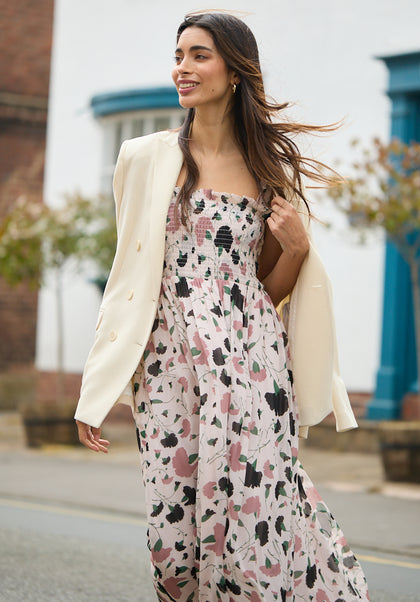 Floral Printed Midi dress with tie shoulder detail and gathered bust