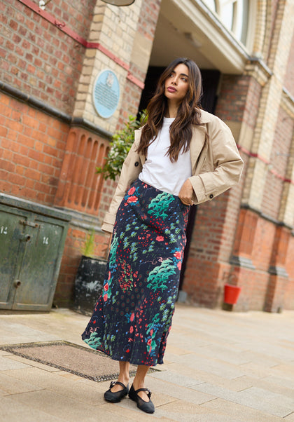 Leaf printed sheer midi skirt with zip fastening