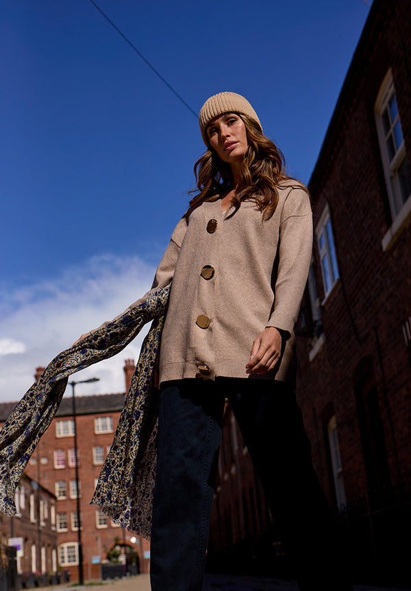 Audrey Oversized Cardigan In Cream With Gold Buttons