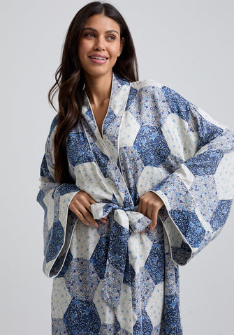 Corina Kimono Style Aster Patchwork Print Robe In Blue