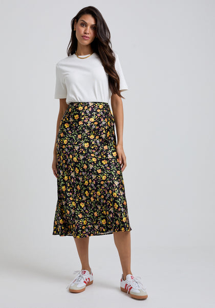 Floral Printed Midi Skirt with black base and bright flowers