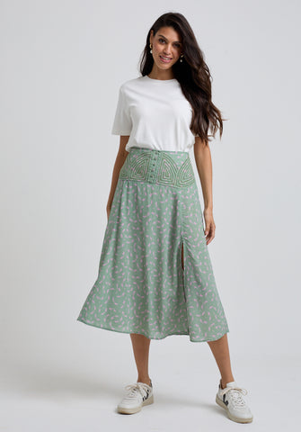 Aria Cutwork Detail Dove Print Midi Skirt In Green