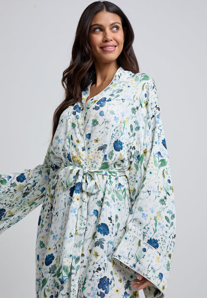 Corina Kimono Style Pressed Floral Print Robe In Blue