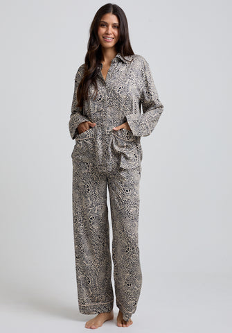 Evie Long Sleeve Hidden Leopard Print Pyjama Set In Cream