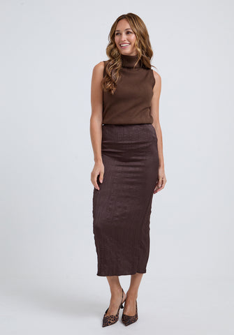 Lala Crinkle Pencil Midi Skirt In Brown