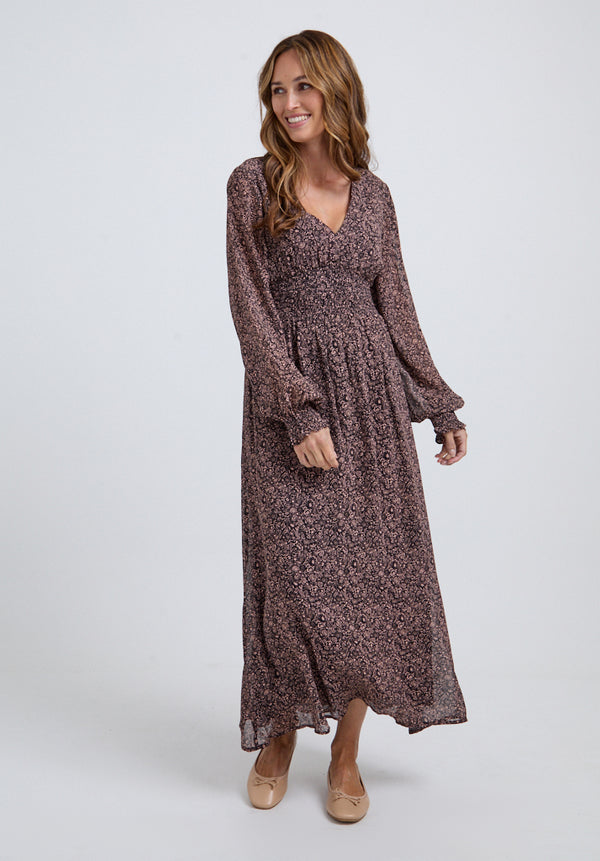 Pearl Harvest Midi Dress In Brown