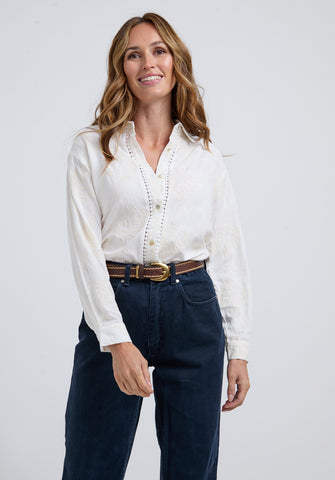 Sara Lace Insert Embroidered Shirt In White