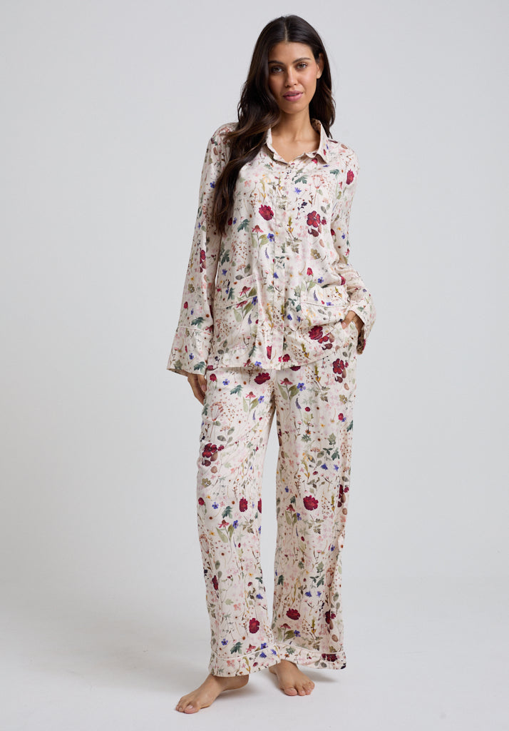 Evie Pressed Floral Pyjama Set in Cream