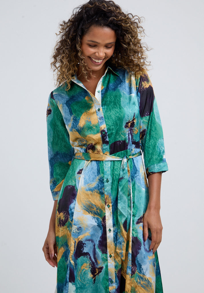 Hazel Button Down Painterly Print Midi Dress In Green