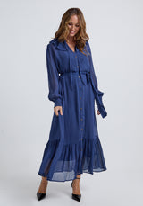 Eloise Midi Dress in Blue with buttons at the front