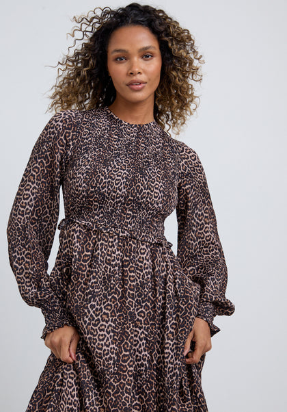 Elsie Big Cat Midi Dress in Brown