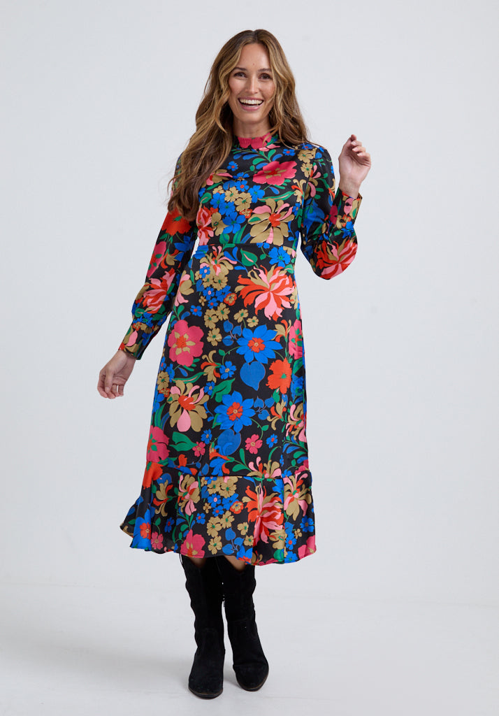 Sophie Tiered Hem Floral Print Midi Dress In Multi