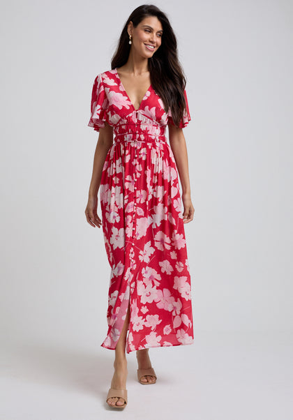 Red Floral Print Midi Dress with Short sleeves and gathered waist Button full length image