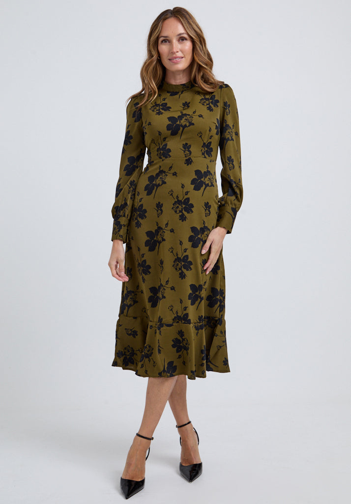 Scarlett Floral Midi Dress in Khaki