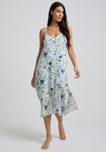 Rosie V-Neck Pressed Floral Print Nightie In Blue