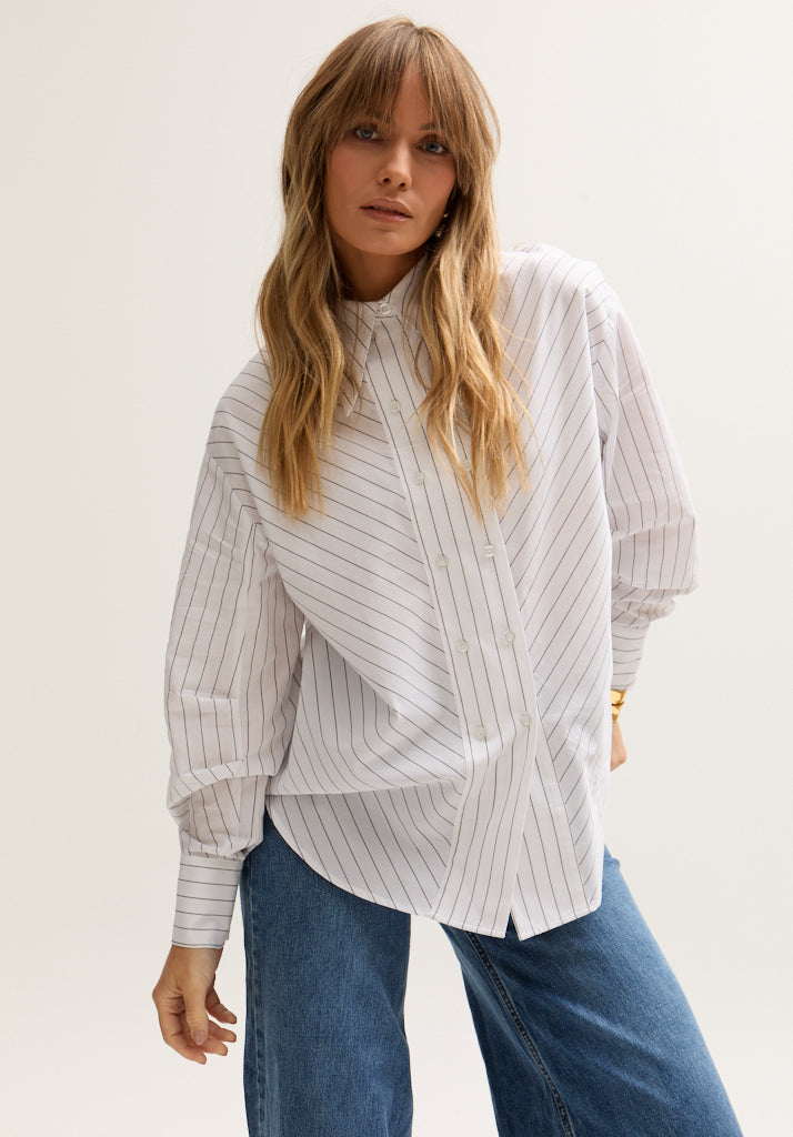 womens Double Placket Stripe Shirt In White -3