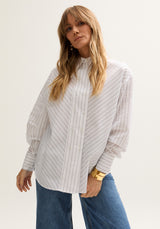 womens Double Placket Stripe Shirt In White -1