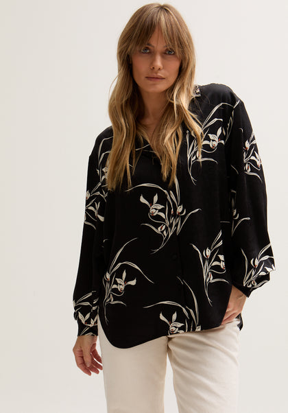 womens Large Floral Print satin Shirt In Black - 4