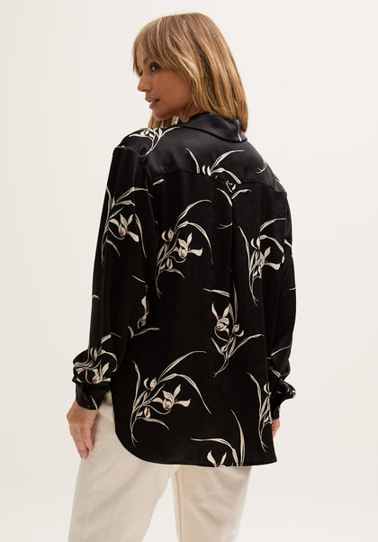 womens Large Floral Print satin Shirt In Black - 5