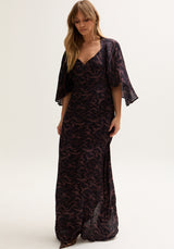 Lydia Angel Sleeve Midnight Tiger Print Maxi Dress In Brown