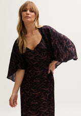 Lydia Angel Sleeve Midnight Tiger Print Maxi Dress In Brown