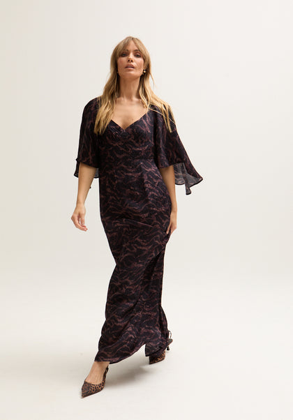 Lydia Angel Sleeve Midnight Tiger Print Maxi Dress In Brown