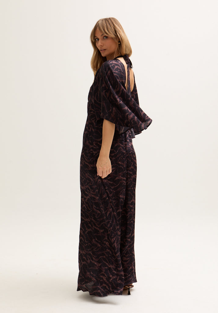 Lydia Angel Sleeve Midnight Tiger Print Maxi Dress In Brown