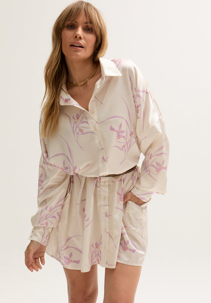 Womens Floral full sleeve Shirtdress In Cream - 5