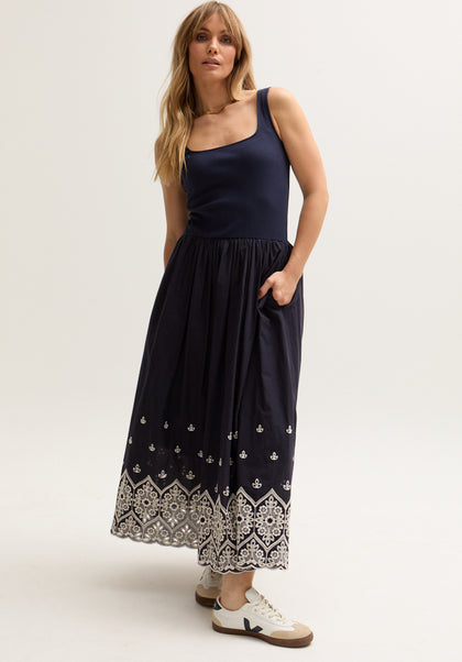 womens Sleeveless Jersey woven mix Embroidered Midi Dress In Navy - 1