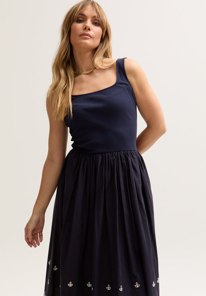 Cora Sleeveless Jersey Bodice Embroidered Midi Dress In Navy