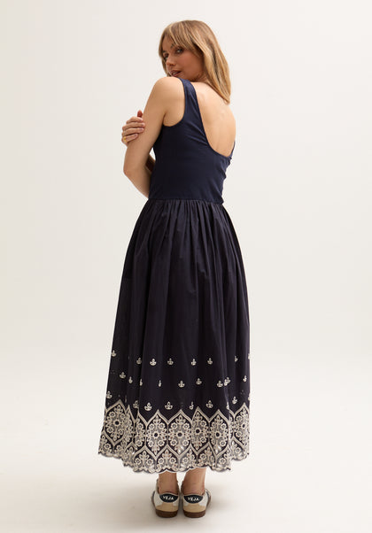 Cora Sleeveless Jersey Bodice Embroidered Midi Dress In Navy