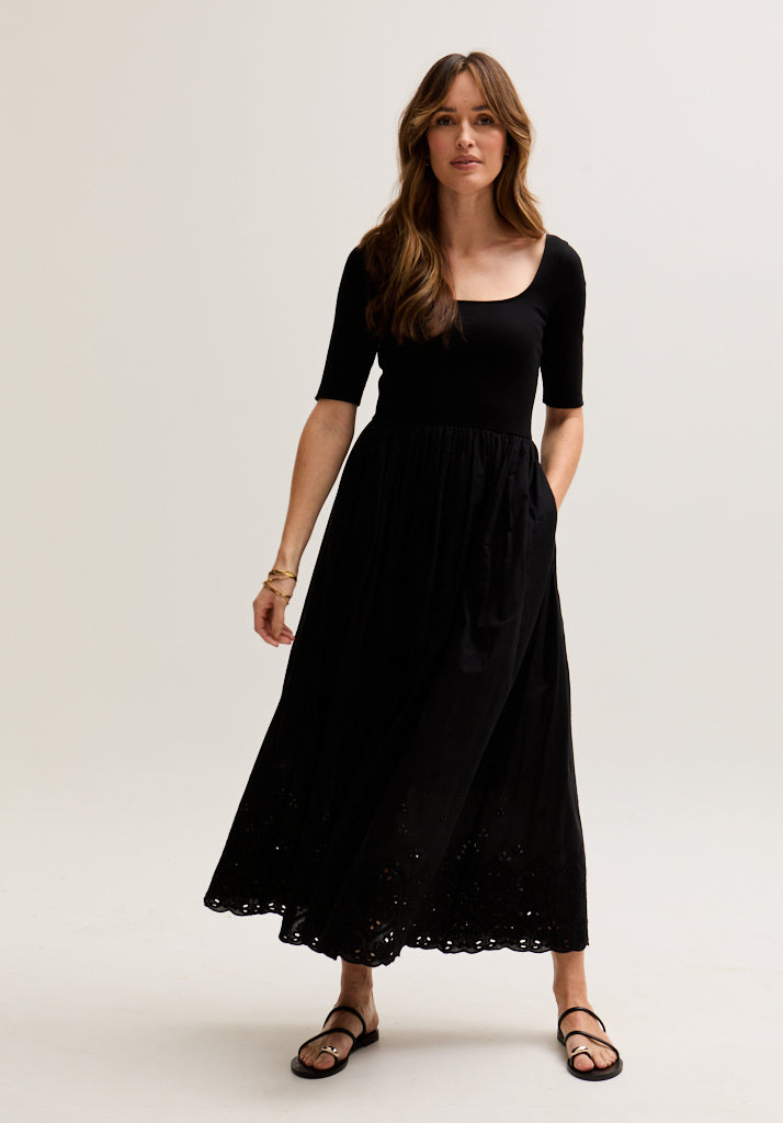 womens Short Sleeve Jersey and woven Embroidered Midi Dress In Black - 1