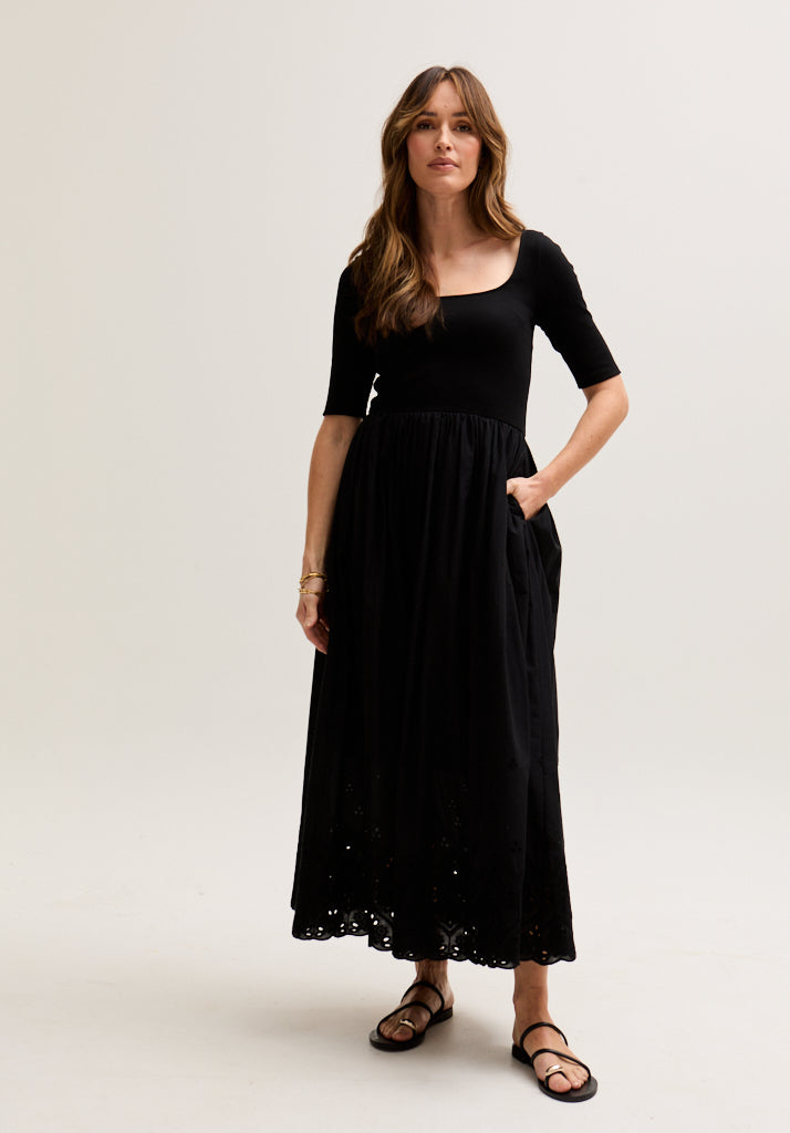 womens Short Sleeve Jersey and woven Embroidered Midi Dress In Black - 3