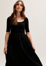 womens Short Sleeve Jersey and woven Embroidered Midi Dress In Black - 2