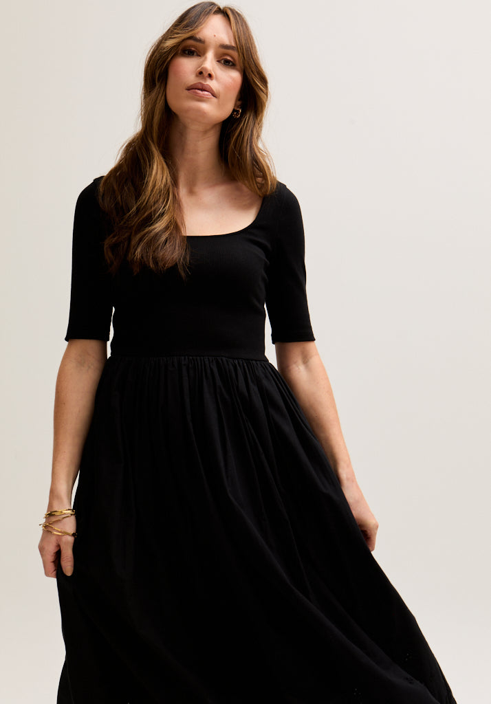 womens Short Sleeve Jersey and woven Embroidered Midi Dress In Black - 2