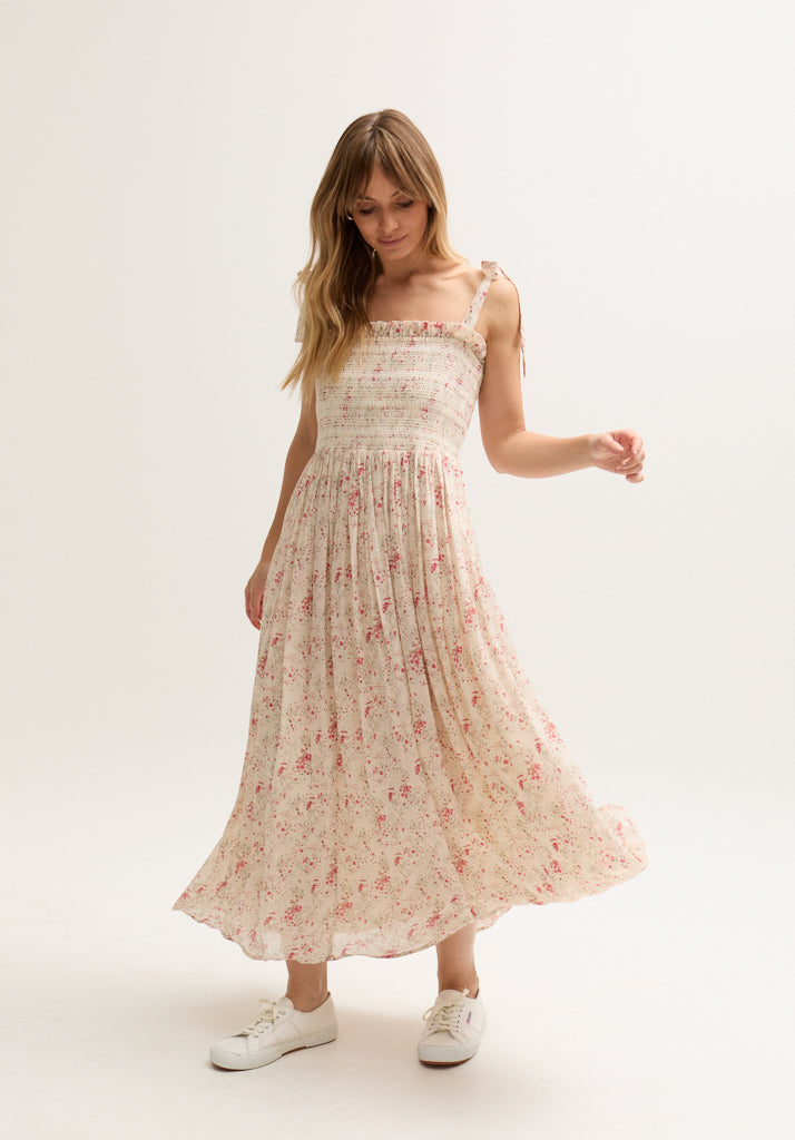 Annie Smocked Wishing Well Print Midi Dress In Multi