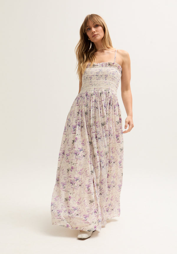 Annie Smocked Wonderland Print Maxi Dress In Multi