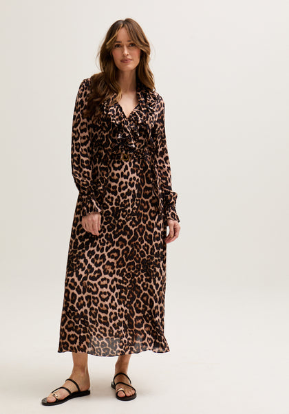 Margot Ruffle Neck Big Cat Print Midi Dress In Brown