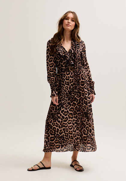 Margot Ruffle Neck Big Cat Print Midi Dress In Brown