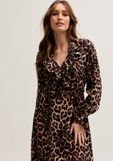 Margot Ruffle Neck Big Cat Print Midi Dress In Brown