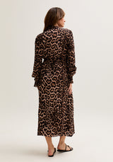 Margot Ruffle Neck Big Cat Print Midi Dress In Brown