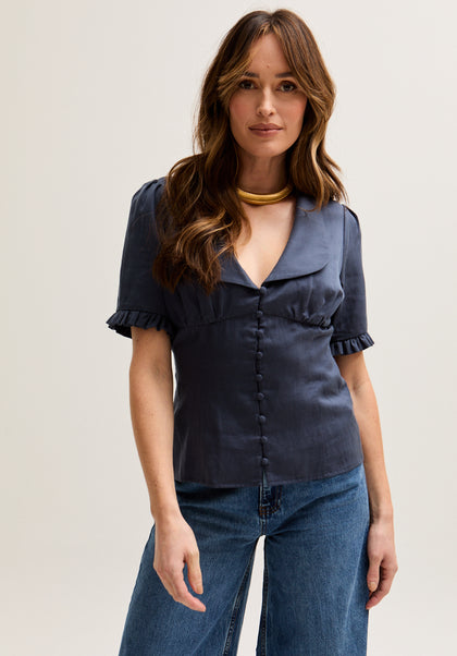 womens Vintage Inspired satin Short Sleeve Shirt In navy - 3