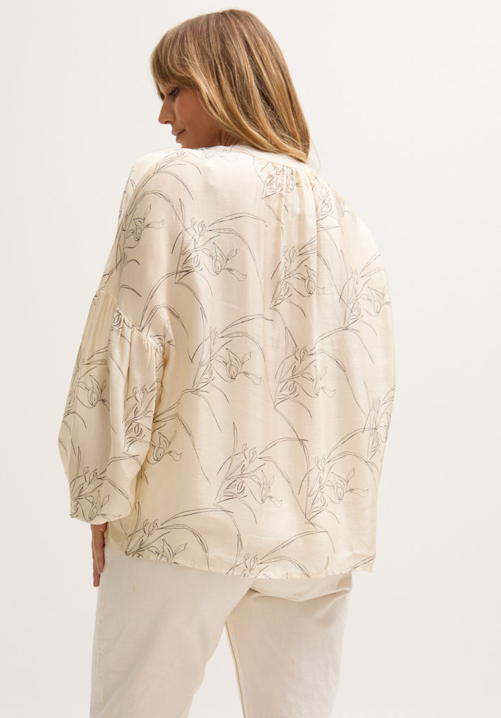 Rosetti Billowy Sleeves Hand Drawn Floral Print Blouse In Cream