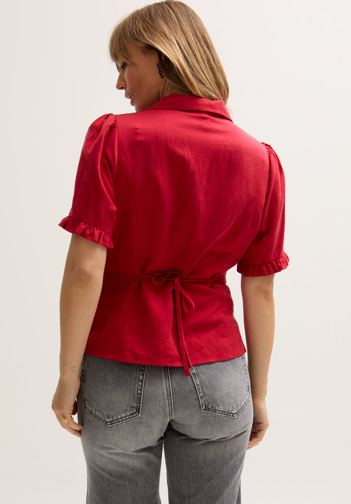 womens Vintage Inspired satin Short Sleeve Shirt In Red - 5