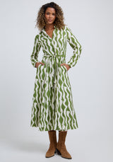 Nora Button Down Abstract Print Midi Dress In Green