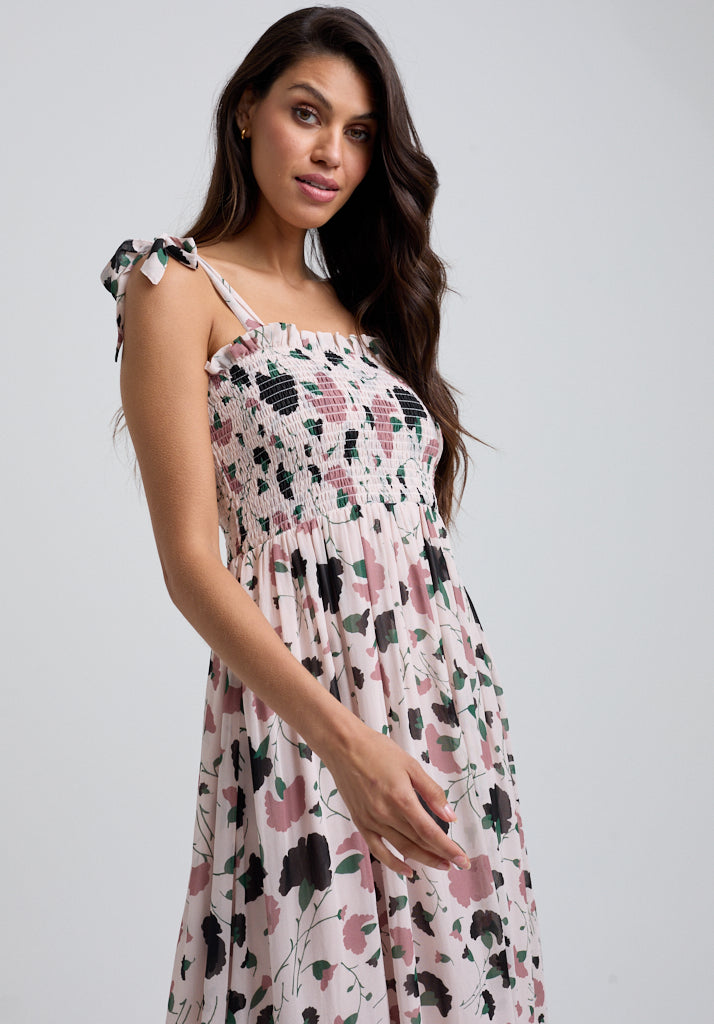 Floral Printed Midi dress with tie shoulder detail and gathered bust