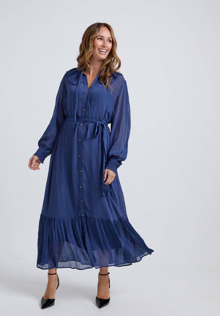 Eloise Midi Dress in Blue with buttons at the front