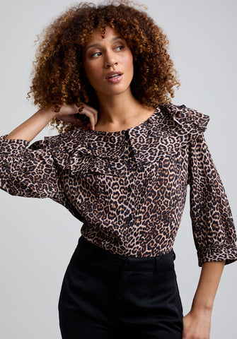 Keira Split Collar Big Cat Print Blouse In Brown